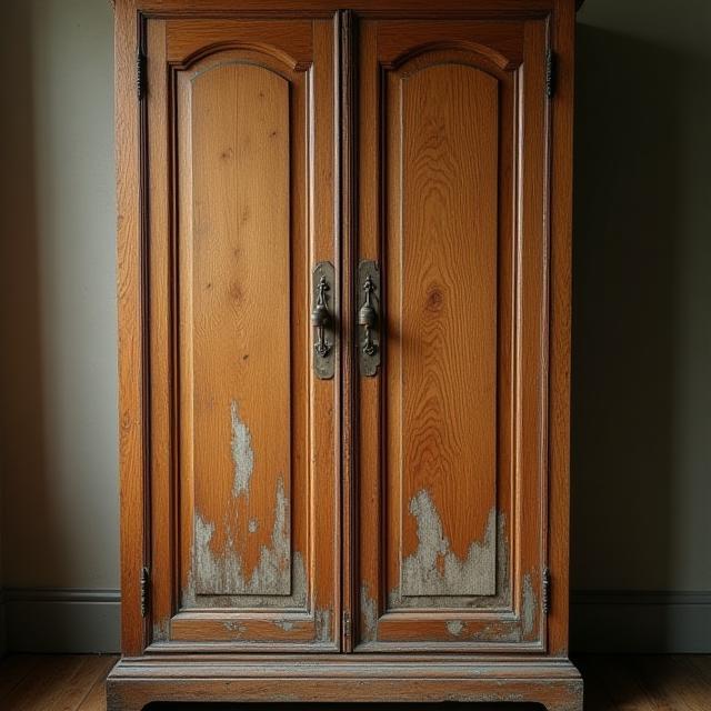 Before restoration: oak armoire with water damage